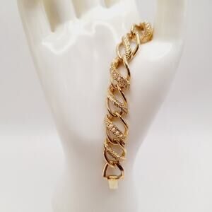 Vintage Goldette NY Bracelet 7" Gold Tone Links w/ Faux Pearls Fold Clasp